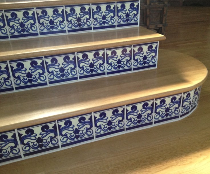 high relief tiles for stairs, backsplash, counter and wall